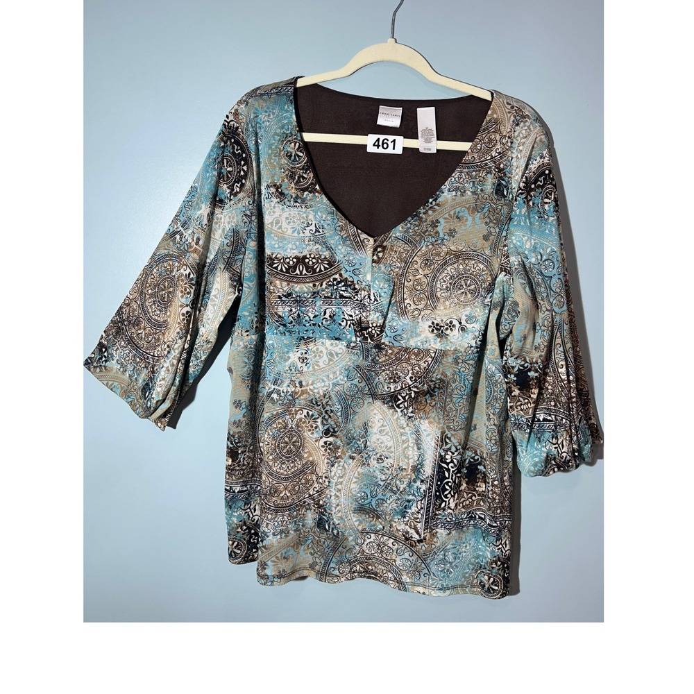 Emma James Woman Turquoise Brown Paisley V-Neck 3/4 Sleeve Blouse Top 1X